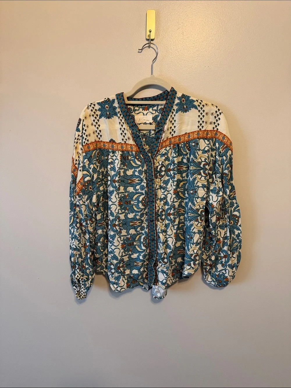 Anthropologie Teal, Cream & Orange Printed Button-Front Blouse - Picture 1 of 7